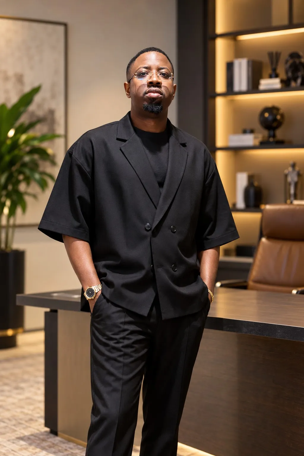 Oshodi-Tapa Agboola, Founder & CEO of Lentopay, standing in an office in a black double-breasted shirt and trousers.